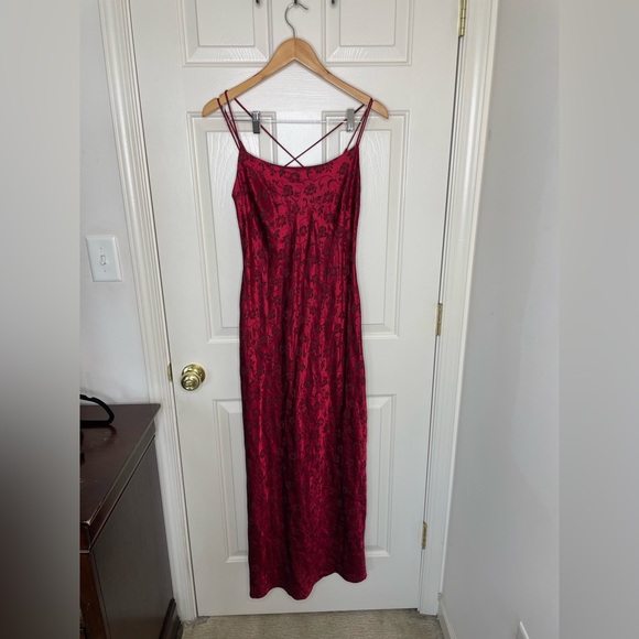 Vintage 90s Steppin’ Out Red Floral Jacquard Slip Maxi Dress Criss Cross Back S - Picture 1 of 12